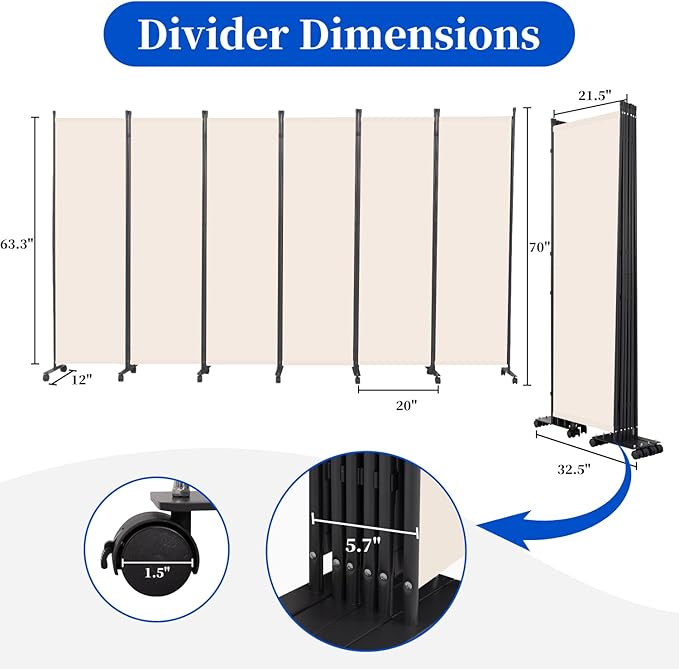 Room Divider 6FT Room Partition with Lockable Wheels, (Thicked Metal Base) Room Dividers, Freestanding Indoor Folding Privacy Screens, Portable Fabric Wall Divider for (Beige, 132"- 6 Panel)