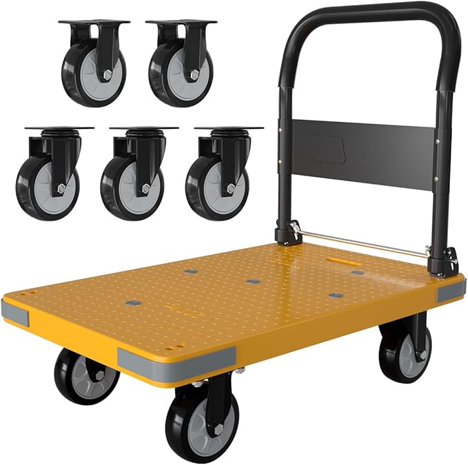 WUD Push Cart, Folding Mobile Platform Trolley,Thickened and Reinforced, 360° Swivel Wheels,28.3 “L x 18.9 ”W, 440 lb. Yellow Dolly cart with Wheels