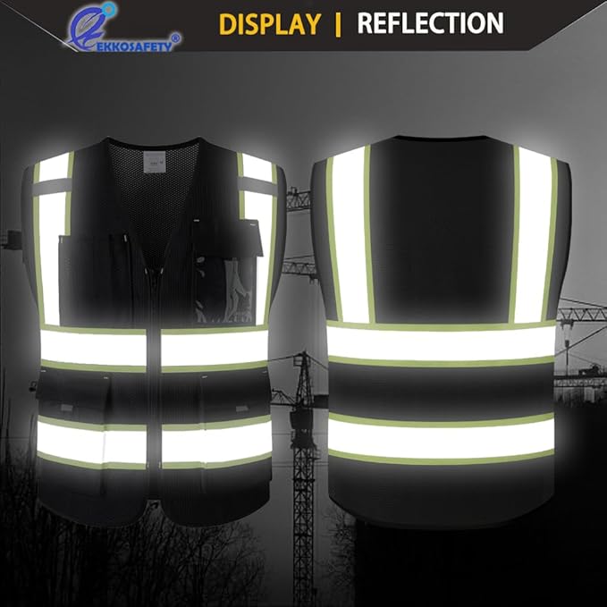 9 Pockes Black Reflecive Safety Vest for Men with Double Stitching Knots around All Pockets and Zipper High Visibility Mesh Construction Work Vest,Meets ANSI/ISEA Standards(EK176-Black-XL)