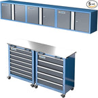 LARBANKE Metal Storage Cabinet System with Lock and Keys,Storage Cabinet System with 3 Wall Cabinet,One 5-Drawer Tool Chest and One 7-Drawer Tool Chest,Universal Brake Wheel &Padded Feet Attached