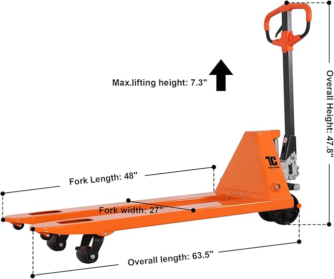 T Tory Carrier Pallet Jack, 5500 Lb. Capacity 27 x 48 Forks Mannual Pallet Truck, Hand Trucks with Replacement Load Wheels
