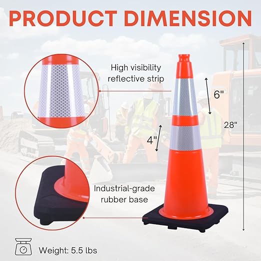 28 inch Traffic Safety Cones Orange Road Cones, Construction Cone with Rubber Base & Reflective Collars, Restorable Parking Cones, Heavy Duty Road Cones for Traffic Control & Road Safty(8 Pack）