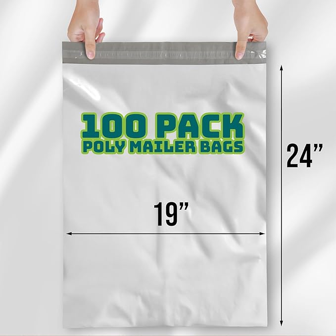 Poly Mailers 19x24 Inch - 100 Pack - Large Shipping Bags for Clothing & Packages, Strong Adhesive Sealing Mailing Envelopes for Small Business, White