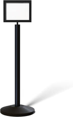 Crowd Control Warehouse Pedestal Standing Floor Sign Frame with Sloped Base, 8.5x11 Inch Horizontal, Black Powder Coated Steel