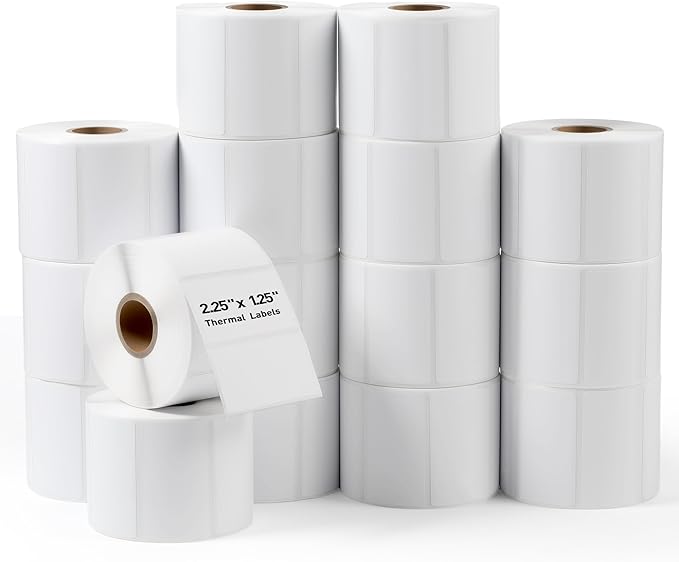 2.25"x 1.25" Direct Thermal Labels-Perforated Barcodes, Shipping Label Paper, Compatible with Zebra & Rollo Printers（16 Rolls，1000 Labels/Roll）