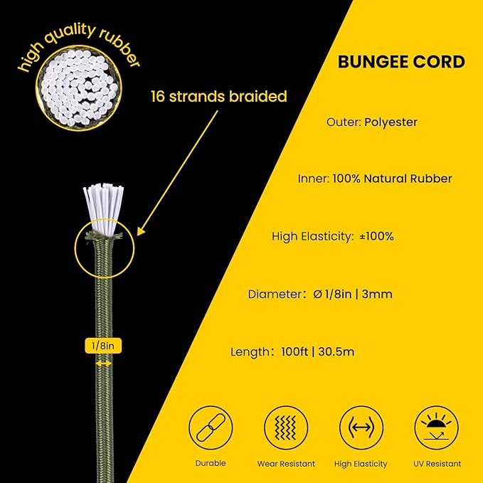 Bungee Cord Elastic Shock Cord 1/8" x 100' Bungee Rope for DIY, Tie Downs, Kayak and Outdoor - Army Green