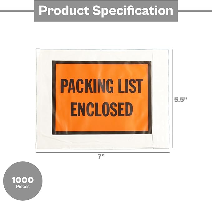 Packing List Enclosed Shipping Envelope 7"x5.5" Full Face Pouches Adhesive Bags 1000 Pack