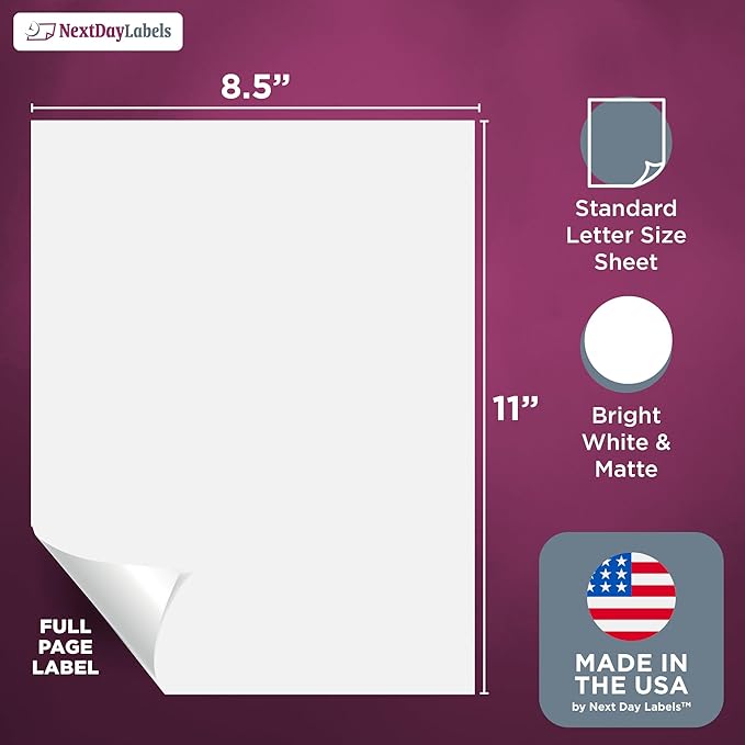 NextDayLabels - Full Page Labels 8.5 x 11 - White Shipping Labels - 8.5 x 11 Label Paper for Printer - Large Blank Matte Sticker Printer Paper - Laser/Inkjet Printer Labels (1 Per Sheet, 25 Labels)