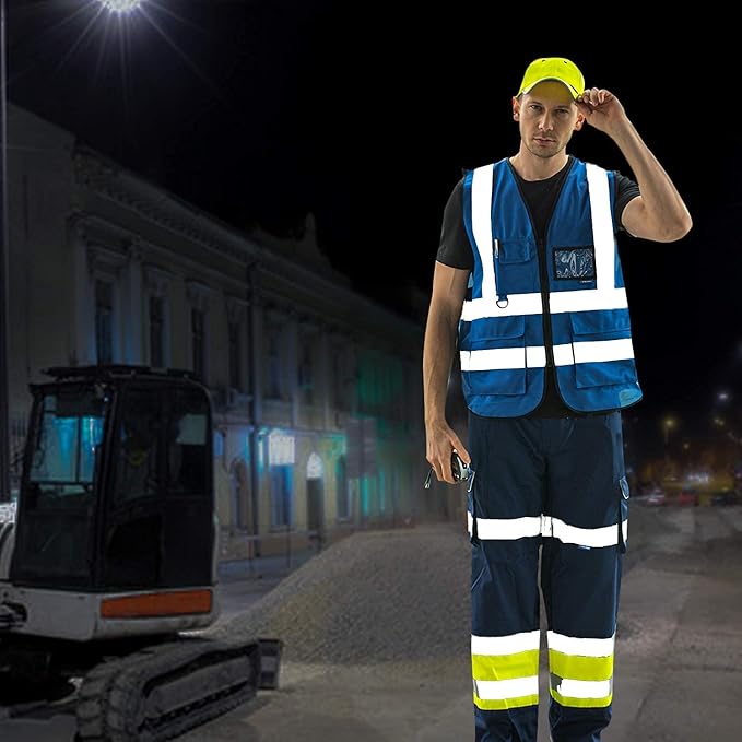 A-SAFETY Blue safety vests Reflective Safety Vest Hi Vis Bright Neon Color with 4 Reflective Strips 8 Pockets, Blue