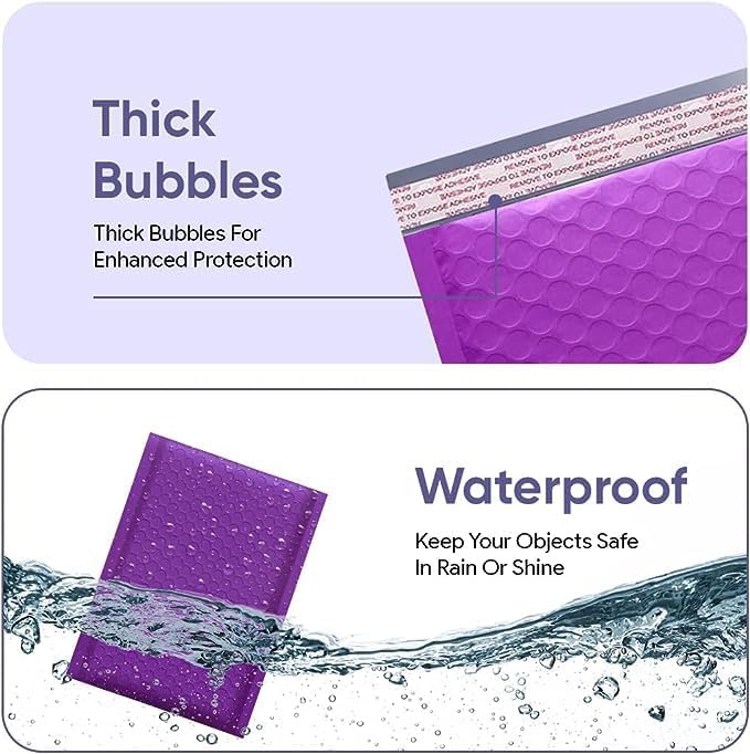 Purple Bubble Mailers #7 Extra Large Poly Mailers 14.5x19 Inch. Bubble Lined Cushioned Poly Mailer. Usable Size 14.25x19 Tear/Water/proof, Lightweight Padded Envelopes/Bags. Bulk 50 pack