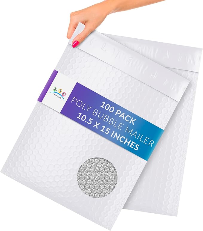 ABC PACK & SUPPLY Poly Bubble Mailers, 10.5 x 15 Inch. Pack of 100 White Padded Envelopes Self Seal. Tear-Proof Gift Bubble Envelopes. Waterproof Packaging for Small Business. Cushioning Book Mailers
