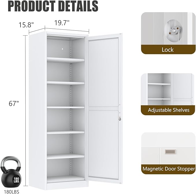 Metal Locker Cabinet, 19.7’’W Narrow Lockable Single File Storage Cabinet, Bathroom Cabinet with Lock and Adjustable Shelves for Living Room, Home Office, Dining Room, White
