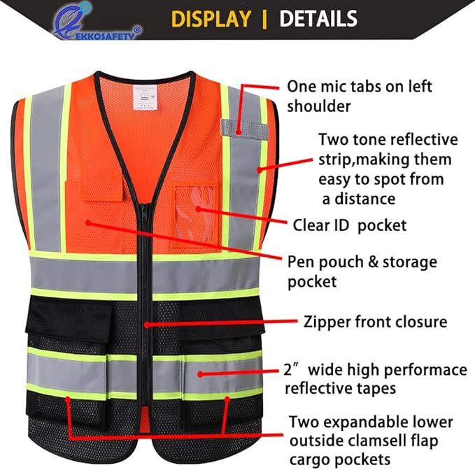 Safety Vest for Men Women Reflective with 5 Pockets and Zipper Front Mesh High Visibility Construction Vest Hi Vis Work Vest,Meets ANSI/ISEA Standards(EK175-Orangeblack-L)