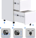 METAN 2 Drawer File Cabinet with Lock, Mobile Under Desk Filing Cabinet for Office Legal/Letter Size, Fully Assembled Except Wheels,White