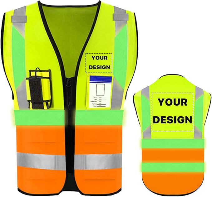 YOWESHOP High Reflective Visibility Safety Vest with Pockets and Zipper Custom Your Logo Safety Workwear