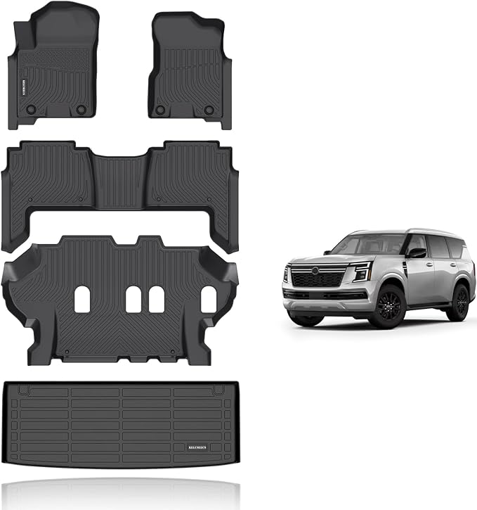 KELCSEECS® Floor Mats & Cargo Liner Custom for 2019-2024 Nissan Armada/Infiniti QX80 8 SeatsBench Seat Waterproof All Weather Mats Guard Automotive Liners Full Set Accessories Black