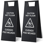 Kigley 2 Pcs Wet Floor Sign, 24 Inch Stainless Steel Caution Wet Floor Sign Double Sided Portable Foldable Bilingual Safety Warning for Hotel Market Restroom Restaurant Office (Black)