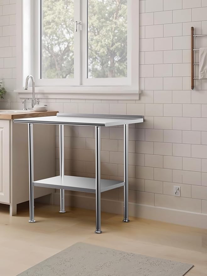 All-Stainless Steel Prep Table, 30 X 36 Inch, with Rounded-Corner Backsplash and Adjustable Undershelf, Heavy-Duty for Outdoor Use,Restaurants,Hotels,Workshops,Kitchens,Gardens, and Garages