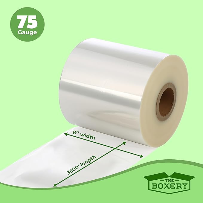 The Boxery Shrink Wrap Film 8" x 42000” (3500’) Heat Wrap POF Centerfold - Polyolefin 75 Gauge - Heavy Duty Grade Heat Shrinkable Film for Packaging - Small Business, Toys, Books, and Much More.