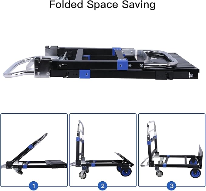 3 in1 Heavy Duty Convertible Hand Truck Dolly Cart, Folding Trolley Cart with Wheels, 600lbs Capacity for Transport Moving in Warehouse, Supermarket, Equipment (Blue)