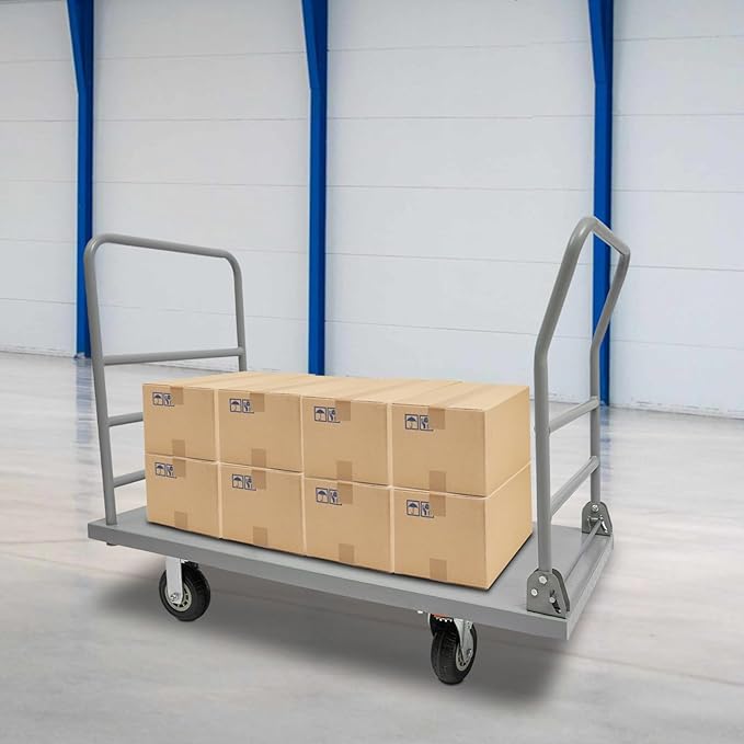 Platform Truck Cart, U Boat Cart, 48x24in 2000lbs Heavy Duty Push Dolly with Detachable Guardrail and Foldable Handle, Perfect for Schools, Restaurants, Garages, Production Lines