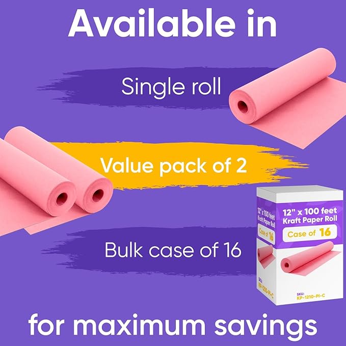 12" x 1200" (100 ft) Pink Kraft Paper Roll (Value Pack of 2), 45 lbs Thickness, Made in USA Colored Craft Paper for School, Bulletin Board - Odorless, Non-Toxic, Safe for Kids