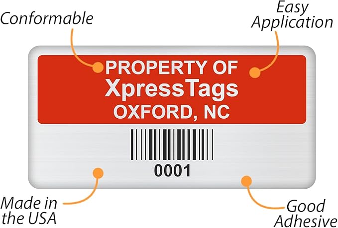 XpressTags 0.75"x1.5" Custom Asset Tags, Fixed Inventory Stickers with Barcode & Serial Number, Brushed Metalized Silver Polyester Labels - Pack Sizes 100 to 5000, Made in USA