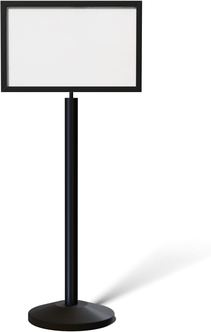 Crowd Control Warehouse Pedestal Standing Floor Sign Frame with Sloped Base, 14x22 Inch Horizontal, Black Powder Coated Steel