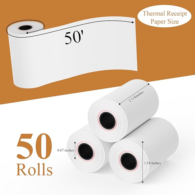 2 1/4"x50' Thermal Paper, FungLam Receipt Paper, POS Cash Register Papers, 2 1/4"x50' Thermal Paper for POS Cash Receipt Printers for Credit Card Terminal, Clover/Square/Verifone Printers, 50 Rolls.