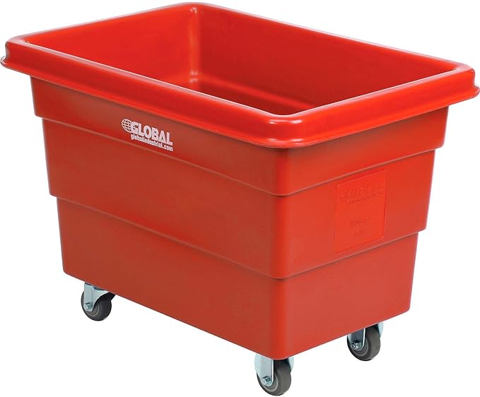 Global Industrial 6 Bushel Plastic Bulk Box Truck, Direct Mount Base, 500 lbs. Capacity, 3" Non-Maring Rubber Casters, Red, 33-2/5"L x 23" W x 24-1/2"H