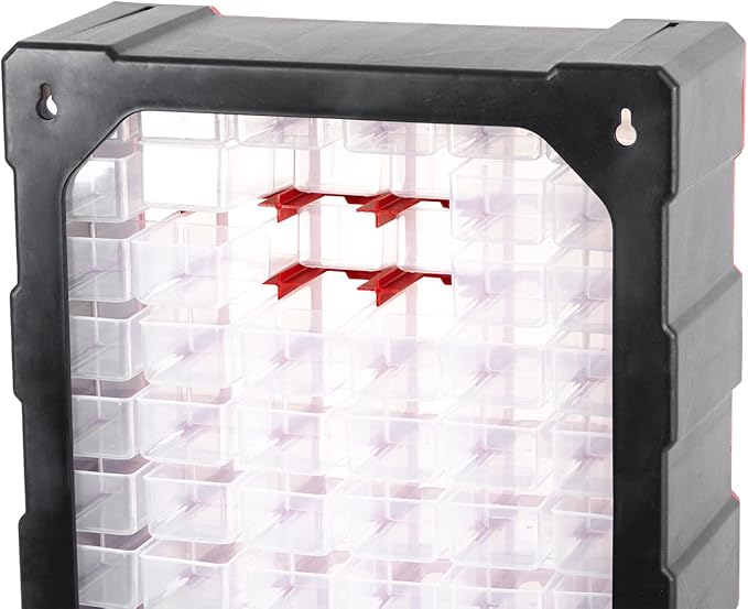 INTERTOOL Small Parts Organizer for Hardware & Screws | 60 Removable Bins with Dividers | Wall Mount or Desktop Craft & Lego Storage Cabinet | 19” x 15” x 7” BX08-4016