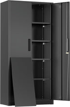 Greenvelly Metal Storage Cabinet, 72" Black Metal Locking Storage Cabinet with Doors and 4 Adjustable Shelves, Large Steel Cabinet for Home Office, Garage, Shop, School (32" W x 16" D)