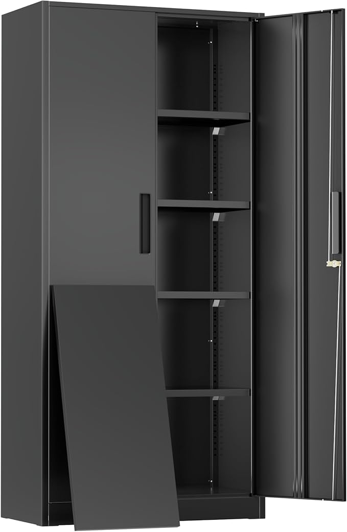 Greenvelly Metal Storage Cabinet, 72" Black Metal Locking Storage Cabinet with Doors and 4 Adjustable Shelves, Large Steel Cabinet for Home Office, Garage, Shop, School (32" W x 16" D)