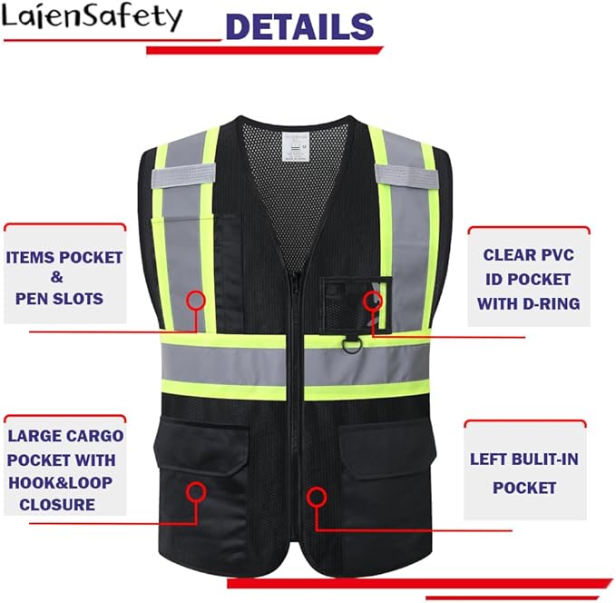 Reflective Safety Vest for Men Women with Multiple Pockets Mesh High Visibility Vest Hi Vis Construction Work Vest,Meets ANSI/ISEA Standards(EK1-178-Black-3XL)
