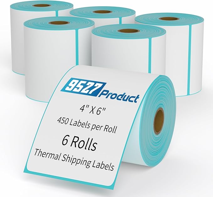 9527 Product 4" x 6" Direct Thermal Shipping Labels for Zebra 2844 ZP-450 ZP-500 ZP-505 Thermal Printers,Blank Direct Thermal Labels 6 Rolls 2700 Labels, 450 Labels/Roll 1" Core