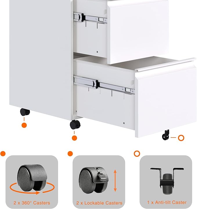 Aobabo 2 Drawer File Cabinet, Metal Filing Cabinet with Lock for Office Legal/Letter Size, White, Fully Assembled Except Wheels