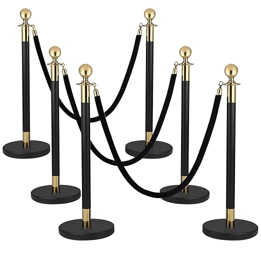 6PCS Black Gold Stanchions, Stanchions and Velvet Ropes 4PCS, Crowd Control Barriers, Black Poles for Red Carpet Suitable for Theaters, Party, Exhibition Center, Ticket Office