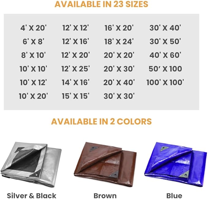 WHITEDUCK 12' x 20' Super Heavy Duty Poly Tarp Thick 16 Mil, Waterproof 100% UV Resistant Rip/Tear Proof Tarp w/Rustproof Grommets & Reinforced Edges (Blue,16 mil Finished Size: 11'6"x19'6")