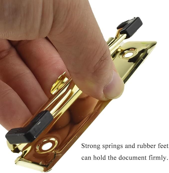 HAHIYO 3.94 Inches Gold Metal Mountable Clipboard Clips - 6 Pack, Durable Spring Loaded Clip with Rubber Grips, Hanging Hole and Rivets - Document File Wood Plastic Clip Board for Office School Home