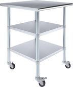 AmGood Stainless Steel Work Table with 2 Shelves and Casters | Metal Utility Table On Wheels (Stainless Steel Work Table with 2 Shelves + Casters, 30" Long x 30" Deep)