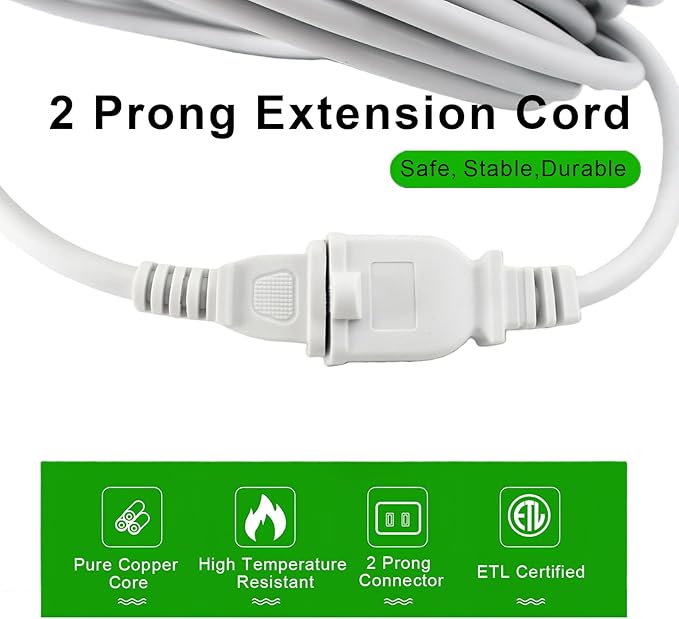 Outdoor Extension Cord 50ft, White Waterproof Extension Cord 16 Gauge 2 Prong Power Cable, 50ft Heavy Duty Power Cord for Yard, Garden,Lights(13A 125V)