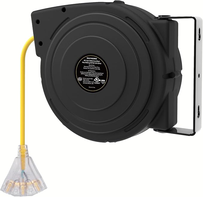 Retractable Extension Cord Reel, 40 FT Heavy Duty Power Cord, 12AWG/3C SJTOW, 3 Grounded Outlets Lighted Triple Tap, 15 Amp Circuit Breaker, UL Listed, Yellow Y40CR06