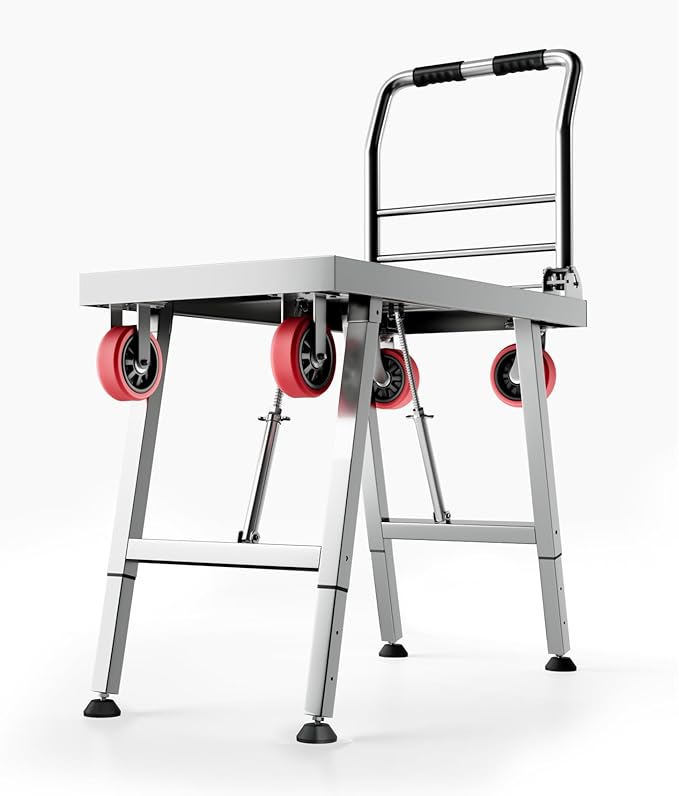 2IN1 43"×24" Foldable Platform Truck, Portable Ladder Platform, Height Adjustable Work Scaffolding, 2200lbs Capacity Heavy Duty Flatbed Bed Cart w/2 Swivel Casters