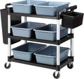 Plastic Service Utility Cart with Wheels, 550lbs Capacity, 6 Basin 2 Barrels Multipurpose Rolling 3-Tier Mobile Storage Organizer, for Warehouse Garage Industrial Cart