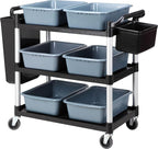 Plastic Service Utility Cart with Wheels, 550lbs Capacity, 6 Basin 2 Barrels Multipurpose Rolling 3-Tier Mobile Storage Organizer, for Warehouse Garage Industrial Cart