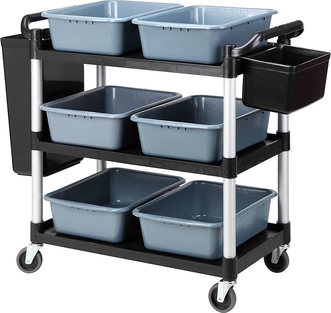 Plastic Service Utility Cart with Wheels, 550lbs Capacity, 6 Basin 2 Barrels Multipurpose Rolling 3-Tier Mobile Storage Organizer, for Warehouse Garage Industrial Cart