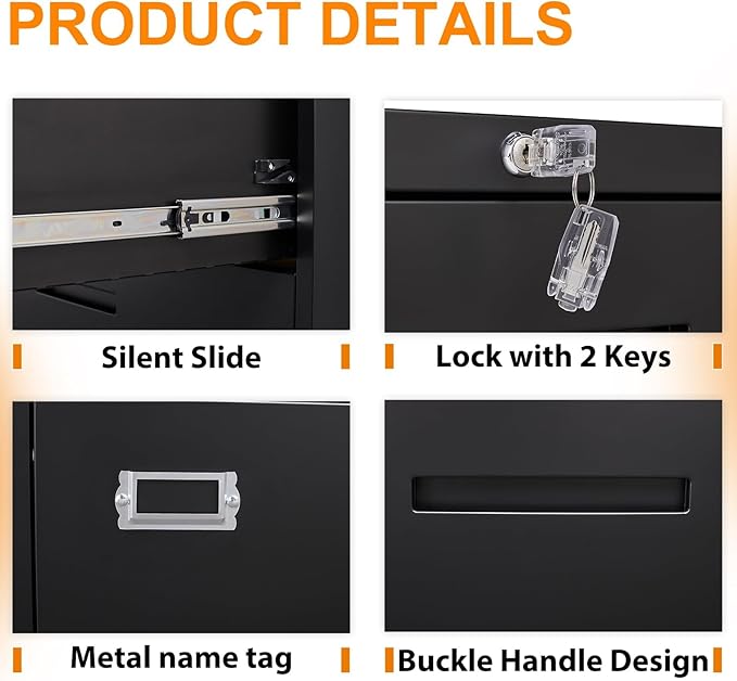 File Cabinet 4 Drawer, Lateral Filing Cabinet with Lock, Metal File Cabinets for Home Office, Office Cabinet for Hanging Files Letter/Legal/F4/A4, Assembly Required, Black