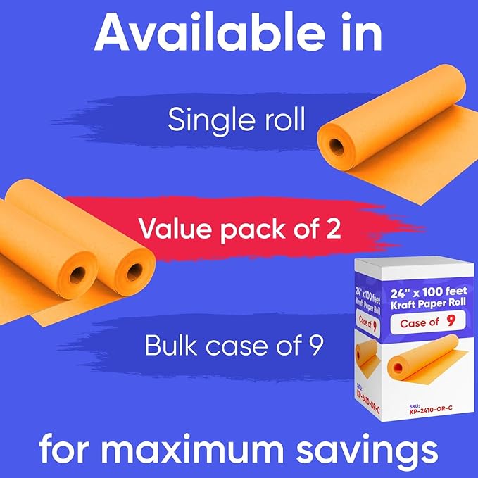 24" x 1200" (100 ft) Orange Kraft Paper Roll (Value Pack of 2), 45 lbs Thickness, Made in USA Colored Kraft Paper for School, Bulletin Board - Odorless, Non-Toxic, Safe for Kids