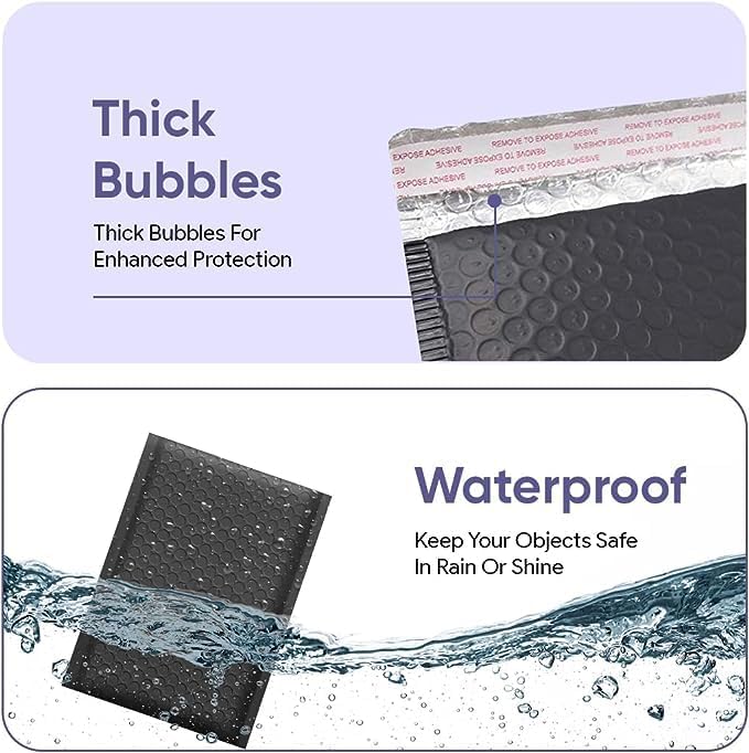Black 7.25x12 Inch Poly Bubble Mailers #1 | Self Seal Padded Envelopes | Air Cushioned Bubble Mailer | Usable Size 7.25x11 Inch | 100 Pack Bulk | Waterproof | Lightweight Mailing Shipping Bags