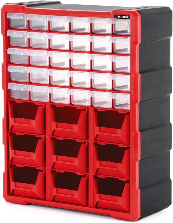 INTERTOOL Small Parts Organizer for Hardware & Screws | 39 Removable Bins with Dividers | Wall Mount or Desktop Craft & Lego Storage Cabinet | 19” x 15” x 7” BX08-4015